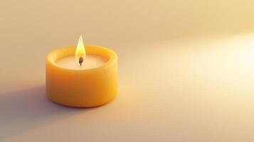 A single yellow candle is lit on a white surface photo
