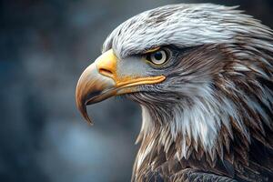 A close up of an eagle's head with a blurred background photo