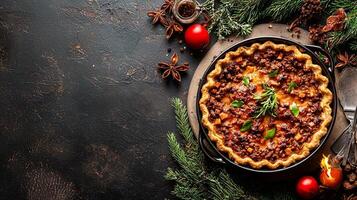 A pie with meat and vegetables on a table photo