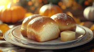 A plate with three rolls and a butter on it photo