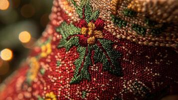 Close up of a christmas stocking with a red and green design photo