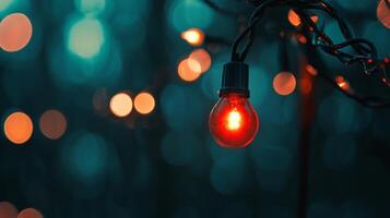 A red light is shining on a string of lights photo