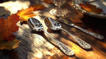 A table with silver spoons and a plate with a knife and fork photo