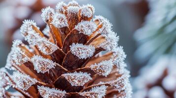 A close up of a pine cone covered in snow photo