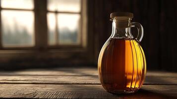 A bottle of maple syrup sits on a wooden table photo
