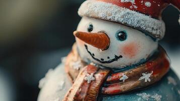 A snowman figurine with a red hat and scarf photo