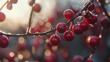 Red berries on a branch with sunlight photo