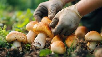 Wild mushroom foraging in the forest photo
