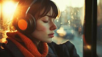 Person in headphones listening to language podcasts while commuting photo