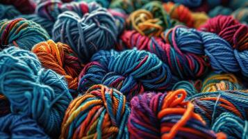 A vibrant assortment of colorful yarn balls is stacked neatly atop one another photo