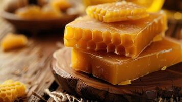 Natural beeswax advertising background with honeycomb photo