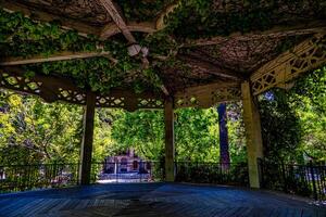 A wooden gazebo with intricate lattice work is adorned with lush green vines, creating a serene and shaded environment in Alcoy photo