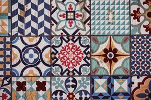 ceramic of decorative ceramic tiles displays an array of intricate patterns and vibrant colors, including blues, reds, and greens photo