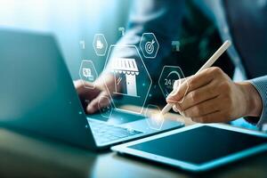 Ecommerce enables buying and selling goods and services conveniently online through websites or platforms, available 24-7. Business and trading around the world, online shopping photo