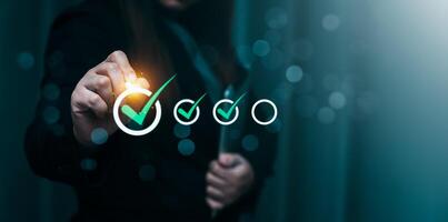 Businessperson Using Digital Checklist to Mark Task Completion and Manage Projects, Demonstrating Progress, Productivity, Strategic Planning in Professional Environment Focused on Goals, Efficiency photo