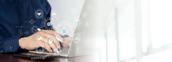 AI Artificial Intelligence. Business woman using AI technology for data analysis, coding computer language photo