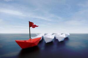Success leadership concept, Origami red paper boat floating in front of white paper boats on winding blue river. photo