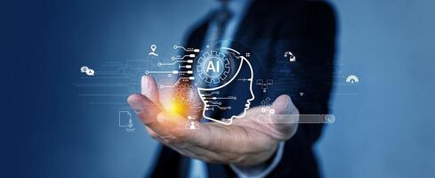 Human interact with AI artificial intelligence virtual assistant chatbot in concept photo