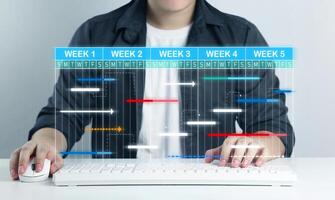 Personnel development plans and preparation of action plans. Businessmen display virtual screens to manage work projects and update work progress with schedule to achieve success efficiently. photo
