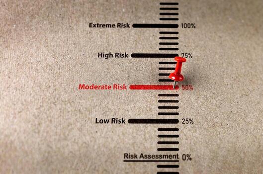 Red pin on paper with word moderate risk scale. Concepts of management analysis and assessment of financial and security risks. photo