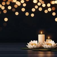 Serene atmosphere with candles and lotus flowers against a bokeh background. photo