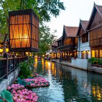Charming riverside scene with lantern, traditional houses, and blooming lotus flowers. photo