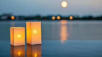 Soft glowing lanterns by the water against a serene twilight background. photo