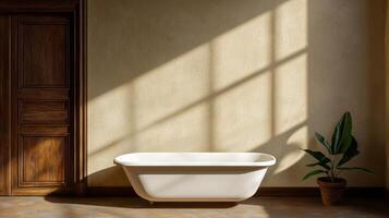 A serene bathroom with a stylish bathtub, natural light, and a touch of greenery. photo