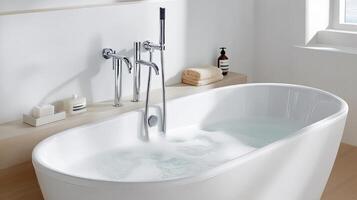Relax in a modern bathroom with a luxurious freestanding bathtub and soothing ambiance. photo
