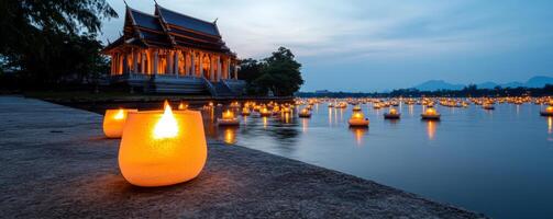 Colorful lanterns floating on water during a serene twilight at an ancient temple. photo