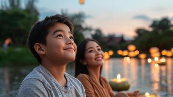 A joyful moment captured as a child and woman enjoy lanterns by the water. photo