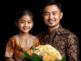 A joyful man and girl posing with a beautiful bouquet of yellow roses. photo