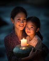 A mother and daughter share a warm moment with a candle at dusk, radiating love. photo