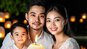 A joyful family celebration captured with a glowing candle at night. photo