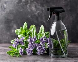 Spray bottle beside fresh herbs and purple flowers on a textured background. photo