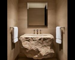 Stylish bathroom featuring a unique rock sink and modern design elements. photo