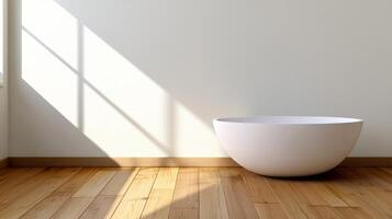 Modern bathroom design with a white bowl sink and minimalist wooden flooring. photo