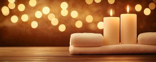 Serene ambiance with soft candles and cozy towels, perfect for relaxation and spa settings. photo