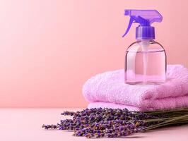 Lavender spray bottle and towel on a pink background for a calming atmosphere. photo