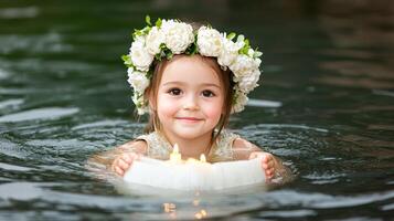 A joyful child swimming in water, wearing a floral crown and holding a candle. photo