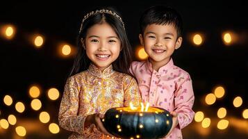 Two smiling children celebrating a festive occasion with a glowing lantern. photo