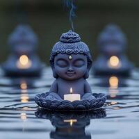 A serene Buddha statue surrounded by candlelight and gentle smoke on still water. photo