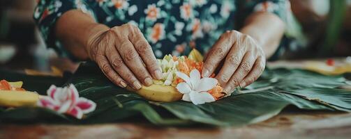 Hands arranging colorful flowers on green leaves with a floral background. photo