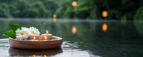 Serene floating candles and flowers in a tranquil river setting at dusk. photo