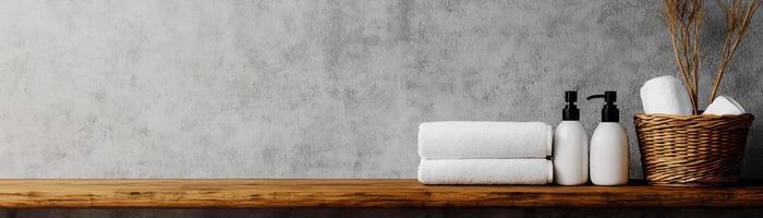 Stylish bathroom shelf with towels, bottles, and a basket for a modern home decor. photo