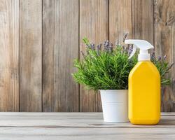 A vibrant yellow spray bottle next to a potted plant on a rustic wooden surface. photo