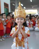 Young child in traditional attire performing a cultural ritual at a festive event. photo