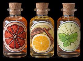 Stylish bottles with colorful labels of citrus and spice infusions. photo