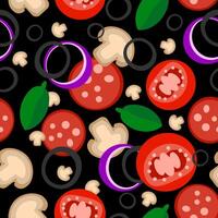 Vegetables backdrop. Vegetables seamless pattern background. Healthy food cover. Tomatoes, mushrooms, onions and lettuce. vector