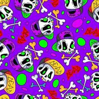 Cute cartoon skulls in a cap seamless pattern colorful background. Funny skulls illustration for Halloween cover design. Cool hand drawn skulls with crossbones. vector